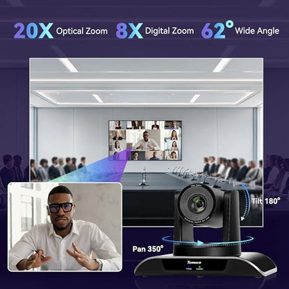 Tenveo 20X Optical Zoom PTZ Camera with AI Auto-Tracking, USB 3.0/HDMI, FHD 1080P60 for Video Conferencing, Live Streaming, Church, Education, Zoom, Teams & OBS - color: Obsidian Black