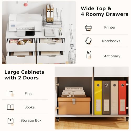 White File Cabinet with 4 Drawers and 2 Doors