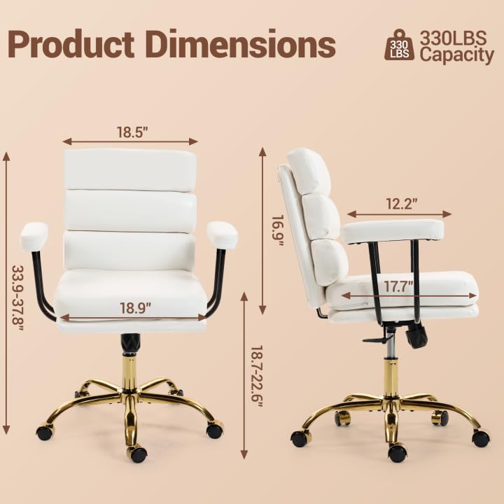 Leather Office Chair with Wheels,Ergonomic Swivel Rolling Task Chair,Padded Seat and Armrests,Adjustable Height Home Desk Chair,Executive Computer Chair, Gold Base Makeup Vanity Chair,White - color: White