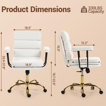 Leather Office Chair with Wheels,Ergonomic Swivel Rolling Task Chair,Padded Seat and Armrests,Adjustable Height Home Desk Chair,Executive Computer Chair, Gold Base Makeup Vanity Chair,White - color: White