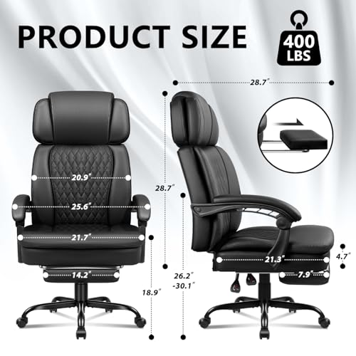 Office Chair with Foot Rest 400lbs, High Back Leather Office Chair Big and Tall, Heavy Duty Ergonomic Executive Desk Chair for Home Office, Black - color: Black