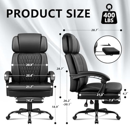 Office Chair with Foot Rest 400lbs, High Back Leather Office Chair Big and Tall, Heavy Duty Ergonomic Executive Desk Chair for Home Office, Black - color: Black