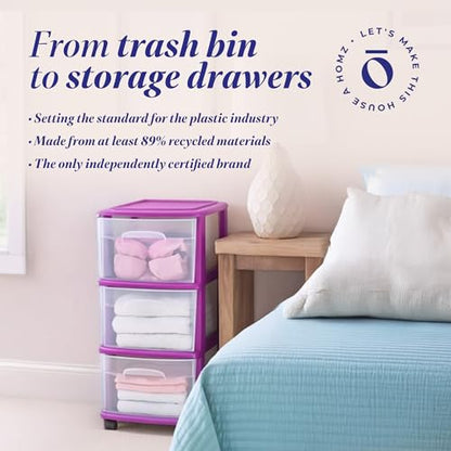 HOMZ Drawer Tower, 3-Tier Storage Cart with Removable Wheels, Purple Frame - color: Purple, size: 1 Pack
