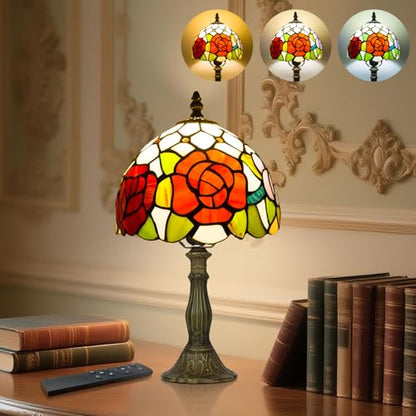 8 Inch Small Tiffany Style Table Lamp with Remote Control, Three Roses - color: Three Roses