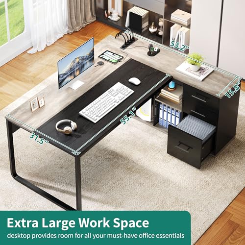 YITAHOME Executive Desk with Power Outlets | Power Outlets, File Cabinet, Drawers & Storage Shelves, Corner Office Desk with Bookshelf, For Home Office