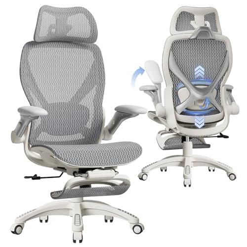 ELABEST X100 Ergonomic Mesh Office Chair with Footrest, Big and Tall Home Desk Chair with 5D Flip-Up Arms, Adjustable 3D Lumbar Support, Gaming & Executive Computer Chair (First Light) - color: First Light