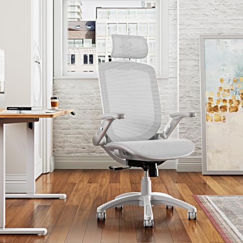 GABRYLLY Ergonomic Office Chair, High Back Home Desk Chair with 2D Flip-Up Arms, 3D Headrest, 90-120° Tilt and Wide Cushion, Big and Tall Mesh Chairs for Man Woman, Computer Task Chair Light Grey - color: White Frame Grey Mesh