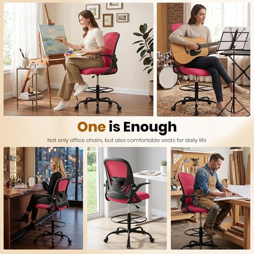 Drafting Chair Tall Office Chair with Flip-up Armrests Executive Ergonomic Computer Standing Desk Chair with Lumbar Support and Adjustable Footrest Ring (Fire Brick) - color: Fire Brick, size: 934-Z