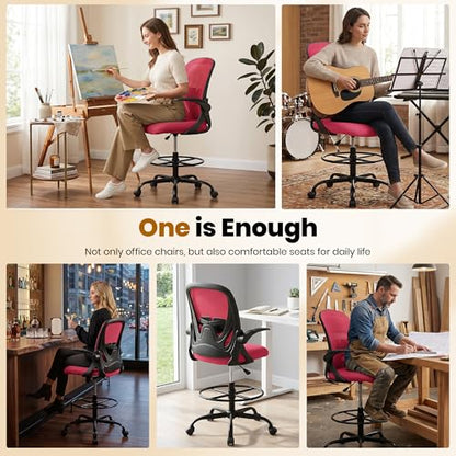 Drafting Chair Tall Office Chair with Flip-up Armrests Executive Ergonomic Computer Standing Desk Chair with Lumbar Support and Adjustable Footrest Ring (Fire Brick) - color: Fire Brick, size: 934-Z