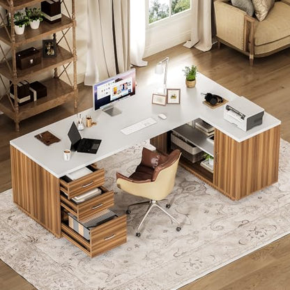 LITTLE TREE 87-Inch Modern Executive Desk with File Cabinet, Large Home Office Desk with Drawers, 3-Drawer Wooden File Cabinet, Spacious Workstation for Home Office (White & Brown) - color: White and Brown