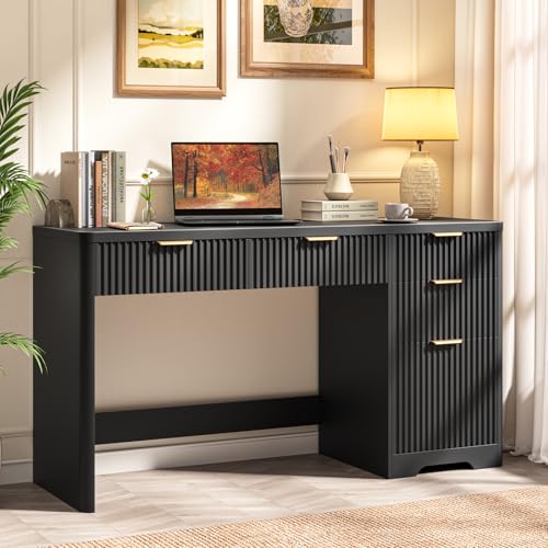 Vabches 59" Fluted Executive Desk with Adjustable File Drawer, Pure Black | Workstation,Computer Desk with 4 Storage Drawers, for Home Office, Study, Writing