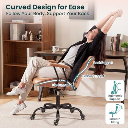 NEO CHAIR Brown Leather Office Chair with Ergonomic Design, Swivel Chair | Modern Computer Desk Chair with Genuine Leather, Lumbar Support, Removable Arms, Comfy Chair for Home Office, Smooth Rolling - color: A. Mid-back Brown
