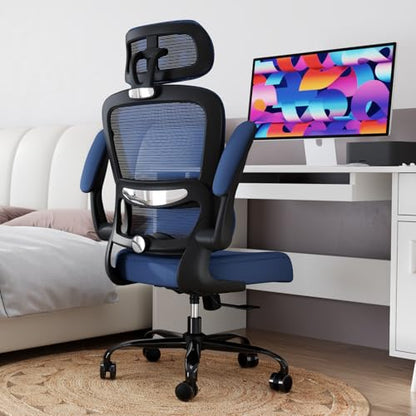 TRALT Office Chair Ergonomic Desk Chair - Gaming Chair with Lumbar Support | 330 LBS Home Office Desk Chairs with Headrest, Reading Chair with Flip-up Armrests, Comfortable Computer Chairs (1, Blue) - color: Dark Blue