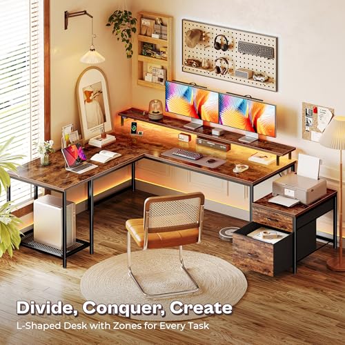 PRAISUN 66" L Shaped Gaming Desk with LED Lights & Power Outlets - color: Rustic Brown