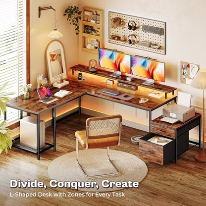 PRAISUN 66" L Shaped Gaming Desk with LED Lights & Power Outlets - color: Rustic Brown