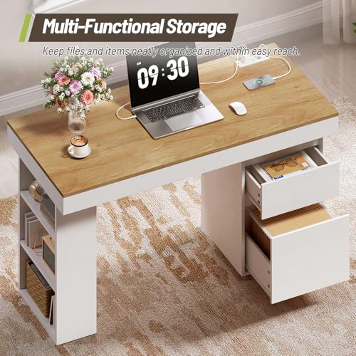 55'' Modern Executive Desk with Drawers, Wooden Computer Desk with File Drawer and Charging Station, 3-Tier Open Side Shelf for Home Office and Living Room, Natural and White