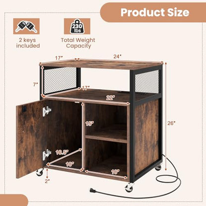 Rolling File Cabinet, Printer Stand with Charging Station (Brown) | Mobile Lateral Filing Cabinet | Adjustable Shelf & Metal Frame | Lockable Wheels | For Home Office & Small Space - color: Brown