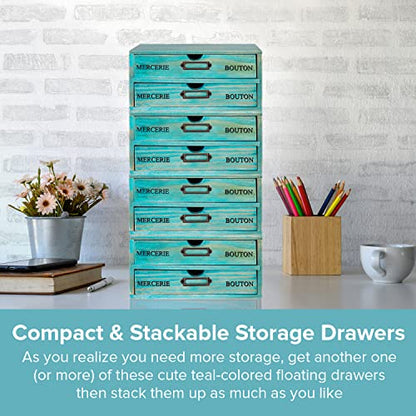 Turquoise 4-Tier Drawer Unit - Teal European Country Style Desk Organizer Box - 9.7x7x10 Wooden Stackable Drawers - Countertop Organizer Drawers w/Label Holder - 4-Level File Drawer Unit - style: 4 Drawer I 10"