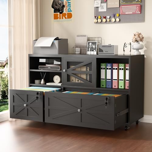 2 Drawer Farmhouse File Cabinet with Lock, Mobile Lateral Filing Cabinet for Letter/Legal/A4 Size, Open Storage Adjustable Shelf for Home Office Cabinets, Black - color: Black Farmhouse-2 Drawers