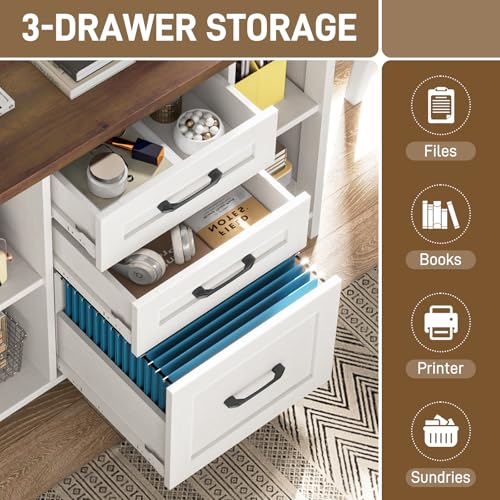 Vabches File Cabinet with 3 Drawers, Farmhouse Lateral File Cabinet Fits Files Letter/A4 Size, Wooden Filing Cabinet with Adjustable Shelves Printer Stand for Home Office, White - color: White and Brown