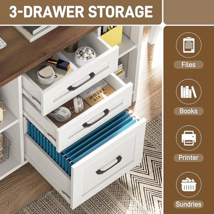 Vabches File Cabinet with 3 Drawers, Farmhouse Lateral File Cabinet Fits Files Letter/A4 Size, Wooden Filing Cabinet with Adjustable Shelves Printer Stand for Home Office, White - color: White and Brown