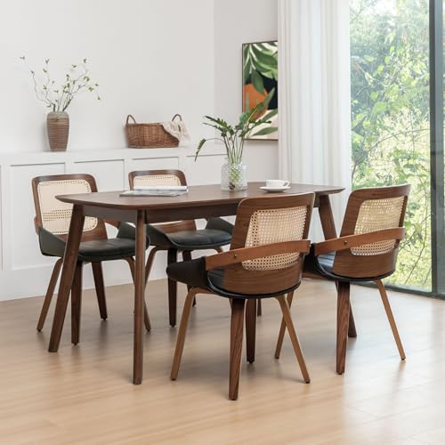 Set of 4 Black Rattan Dining Chair - Mid Century Modern Dining Chair with Ergonomic Cane Back, Bentwood Frame, Faux Leather Seat, Arms, Walnut Dining Chairs for Living Room/Kitchen (Walnut Black) - color: Walnut Black, size: Set of 4