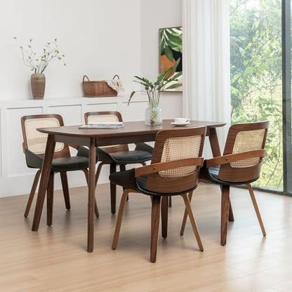 Set of 4 Black Rattan Dining Chair - Mid Century Modern Dining Chair with Ergonomic Cane Back, Bentwood Frame, Faux Leather Seat, Arms, Walnut Dining Chairs for Living Room/Kitchen (Walnut Black) - color: Walnut Black, size: Set of 4