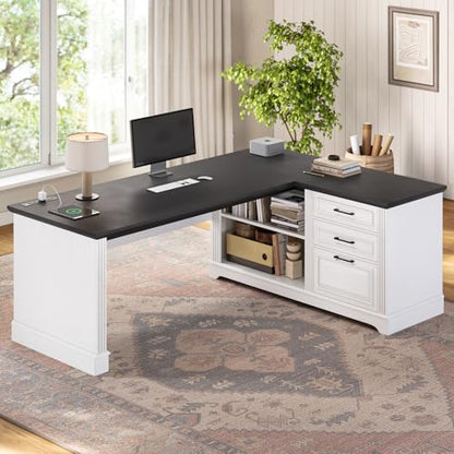 SEDETA Farmhouse 61" Executive L Shaped Desk with Drawers for Home Office - color: White and Black, size: L Shaped Desk