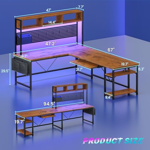 SEDETA L Shaped Computer Desk, Reversible Corner Desk with Power Outlet | Gaming Desk with Pegboard, Led Lights, Keyboard Tray, Headphone Hook and Storage Shelves, Rustic Brown - color: Rustic Brown With Power Outlet and Pegboard
