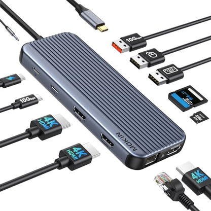 USB C Docking Station 3 HDMI, 12 in 1 Docking Station Triple Display, Dual Monitor Dock, Laptop USB-C Hub 3 HDMI with 10 Gbps, Ethernet, USB A/C 3.1, USB 2.0, 100W PD, Audio & Mic, SD