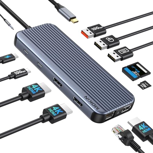 USB C Docking Station 3 HDMI, 12 in 1 Docking Station Triple Display, Dual Monitor Dock, Laptop USB-C Hub 3 HDMI with 10 Gbps, Ethernet, USB A/C 3.1, USB 2.0, 100W PD, Audio & Mic, SD