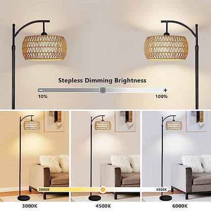 Arc Floor Lamp with Remote Control, Dimmable LED Floor Lamp with 3 Color Temperature, Black Standing Lamp with Rattan & Fabric Double Drum Shade, Boho Farmhouse Tall Pole Lamp for Living Room Bedroom - style: Bohemian