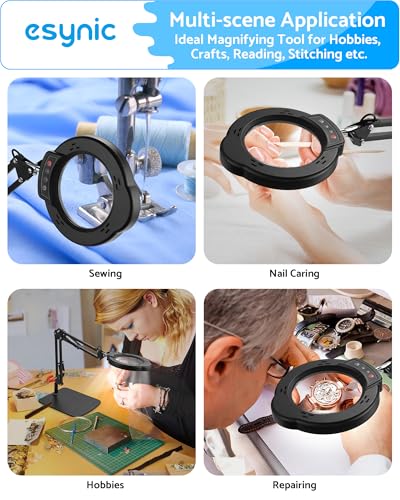 eSynic 10X Magnifying Glass with 84 LED Lights&4.2 Inch Large Len 2-in-1 Clamp&Stand Desk Magnifier Lamp-10 Brightness Levels-5 Color Modes for Crafts Reading Repair[HD Glass Lens Not Acrylic]