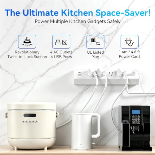 Desktop Suction Cup Power Strip 4.9Ft,Table Surge Protector - color: White