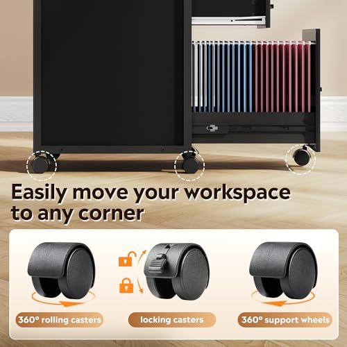 DEVAISE 3 Drawer Vertical File Cabinet | Rolling Wooden Filing Cabinet Mobile Printer Stand for Home Office, 15.7" D x 17.7" W x 40.3" H - color: Black, size: 15.7"D X 17.7"W X 40.3"H (Adjustable)