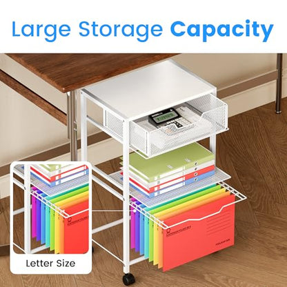 Cawukege 3 Tier Printer Stand, Small Mobile Table with Wheels, Printer Shelf Rolling Cart with Storage Desk Organizer Hanging File for Office Home, White - color: White