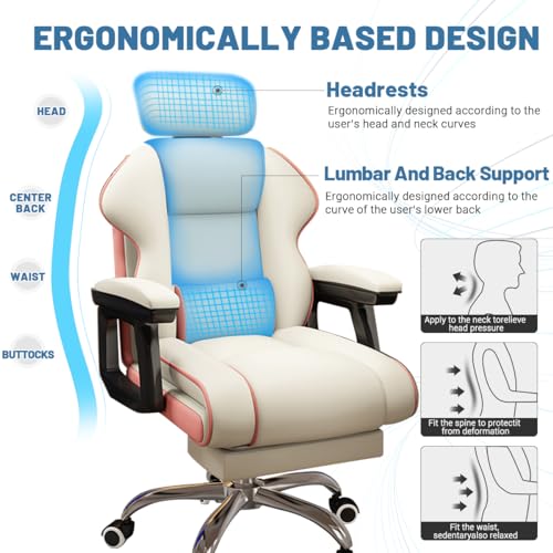 Executive Computer Chair Home Office Desk Chair,Adjustable Angle, Ergonomic Adjustable Height PU Leather Chairs with Cushions Armrest for Long Time Seating-High Office Chair with Footrest - color: White and Pink