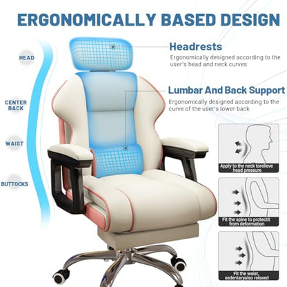 Executive Computer Chair Home Office Desk Chair,Adjustable Angle, Ergonomic Adjustable Height PU Leather Chairs with Cushions Armrest for Long Time Seating-High Office Chair with Footrest - color: White and Pink