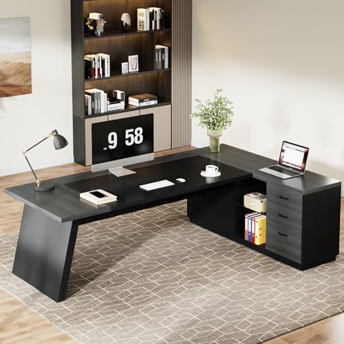 Tribesigns 78" L-Shaped Executive Desk, Large Modern Office Desk with Drawers and Lateral File Cabinet, Business Furniture with Storage Shelves, Big Computer Desk for Home Office (Grey + Blcak) - color: Grey + Blcak