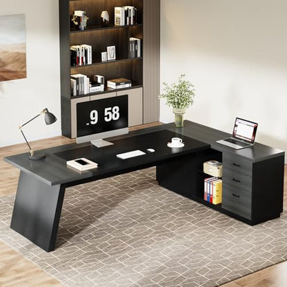 Tribesigns 78" L-Shaped Executive Desk, Large Modern Office Desk with Drawers and Lateral File Cabinet, Business Furniture with Storage Shelves, Big Computer Desk for Home Office (Grey + Blcak) - color: Grey + Blcak