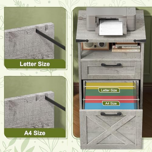 Halitaa Office Filing Vertical Cabinet with 2 Drawers, Grey | Farmhouse Filing Cabinet with Open Storage Space and Printer Stand for Hanging Files Letter/A4 for Home Office - color: Grey, style: Vertical