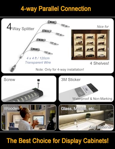 EBD LED Under Shelf Lights, 4-Way Parallel Light Bar, 12-Panel Cabinet Lighting, 6500K 5400Lm Counter Lights with Slack-Free Wiring, Maximized for Spacious 4-Layer Showcase, Bookcase & Storage Rack - size: 4-Way 12-Pack