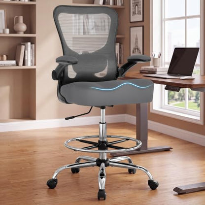 500LBS Ergonomic Drafting Chair Tall Office Chair for Counter Height or Standing Desk, Executive High Office Chairs with W-Shaped Thick Seat Cushion, Footrest Ring & Breathable Fabric, Dark Grey - color: Black Frame Dark Grey Fabric