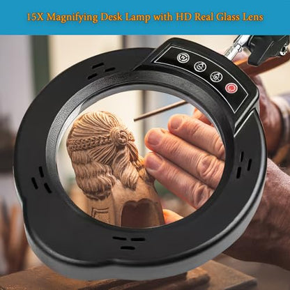 15X Magnifying Glass Desk Lamp with Metal Base, 5 Color Modes 10 Levels Adjustable Brightness, 360° Rotatable Flexible Aluminum Arms – Ideal for Reading, Crafting, Close Work, Eye-Caring Table Lamp