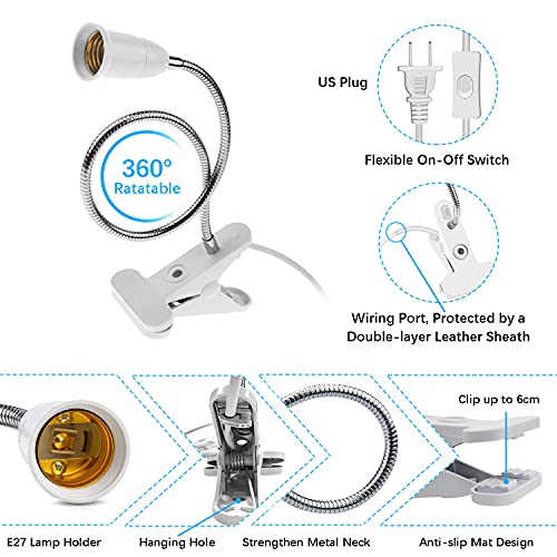 Aluminum Wire Neck Clip Light Socket, 2-Pack Desk Clip Clamp Lamp Holder Adjustable Light Stand With Switch 6.8ft Cable E26/E27 Clip Lamp Fixture for Aquarium Plant Grow - color: E26/E27 Clip Socket