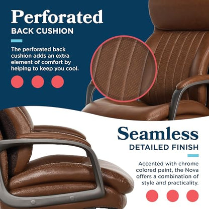 La-Z-Boy High-Back Ergonomic Office Chair, AIR Lumbar Support Leather Chair | Nova, 350lb Capacity Executive Task Chair, Padded Headrest & Arm, Layered Foam Seat Cushion, Swivel, Back Pain Relief, Cognac - color: Cognac