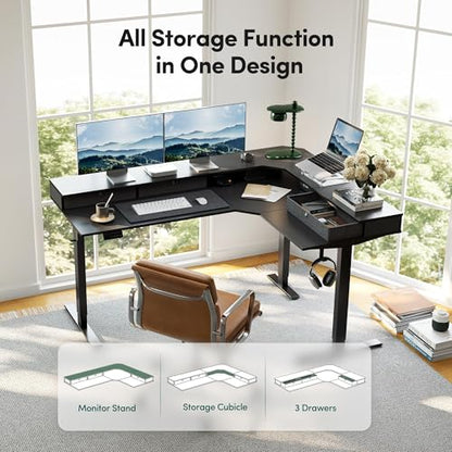 FEZIBO L Shaped Electric Standing Desk, 63 x48 inch Large with Drawers | Reversible Tabletop, 2 Memory Height Settings | Home Office & Gaming Height-Adjustable Table, Black Top/Black Frame（2 packages） - color: Black, size: 63"x48"