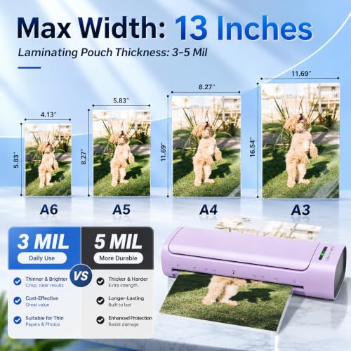 13 Inch Laminator Machine, 11x17 Hot & Cold Thermal Laminator, A3 11-in-1 Laminating Machine with 30 Sheets, 60s Warm-Up, Never-Jam Design Lamination for Teachers, Home, School & Office -Purple - color: Purple