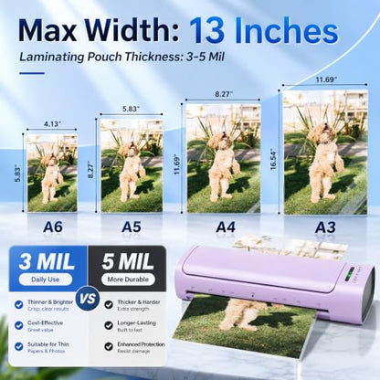 13 Inch Laminator Machine, 11x17 Hot & Cold Thermal Laminator, A3 11-in-1 Laminating Machine with 30 Sheets, 60s Warm-Up, Never-Jam Design Lamination for Teachers, Home, School & Office -Purple - color: Purple