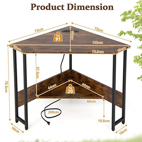 Corner Desk with Charging Station & USB Port, 90-Degree Triangle Computer Workstation w/Storage Shelf, Metal Frame, Space-Saving Laptop PC Desk for Small Space, Home Office (Rustic Brown)